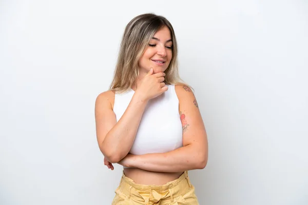 Young Rumanian Woman Isolated White Background Looking Side Smiling — Zdjęcie stockowe