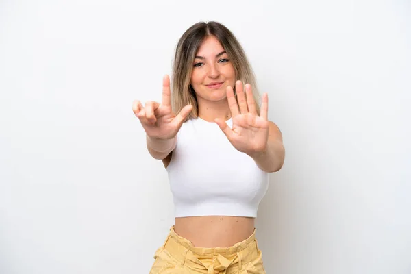 Young Rumanian Woman Isolated White Background Counting Seven Fingers — 스톡 사진
