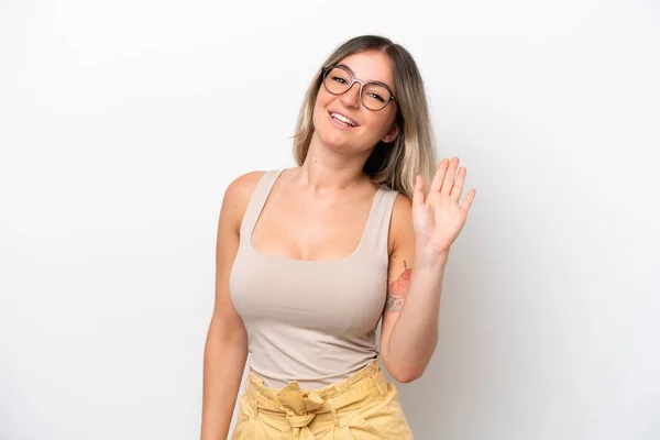 Young Rumanian Woman Isolated White Background Saluting Hand Happy Expression — ストック写真