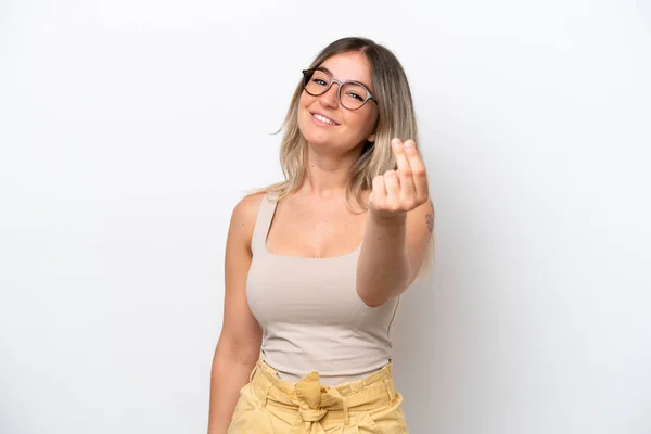 Young Rumanian Woman Isolated White Background Making Money Gesture — 스톡 사진