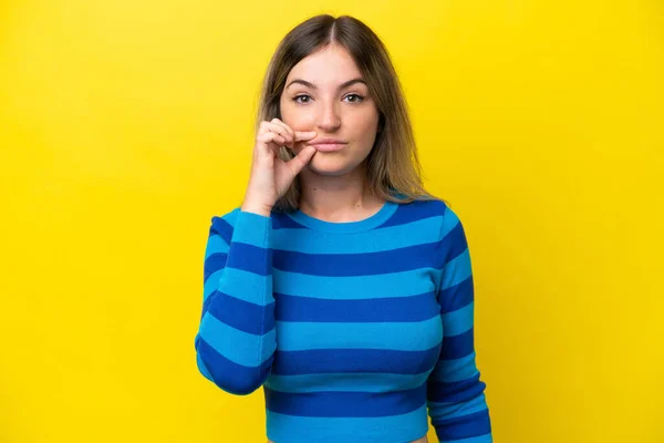 Young Rumanian Woman Isolated Yellow Background Showing Sign Silence Gesture — Foto de Stock