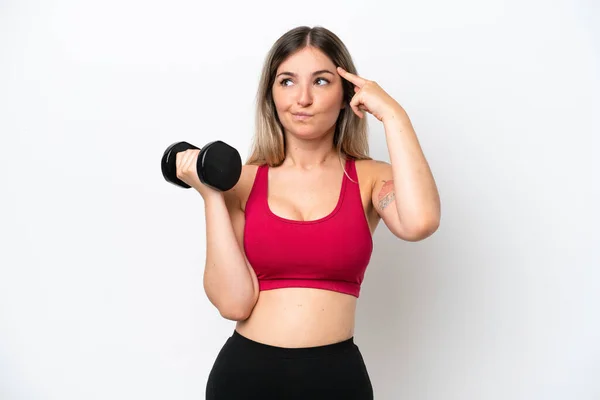 Young Sport Rumanian Woman Making Weightlifting Isolated White Background Having — Stock fotografie