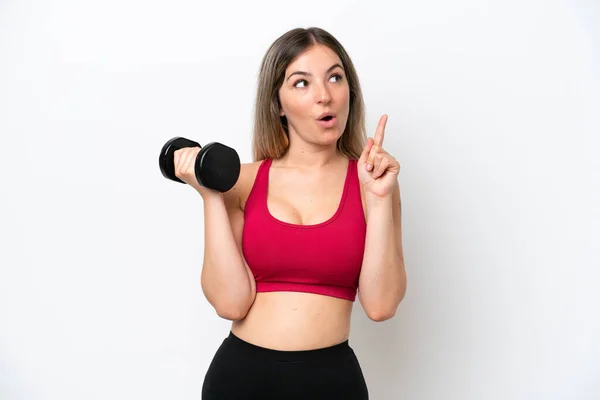 Young Sport Rumanian Woman Making Weightlifting Isolated White Background Thinking — ストック写真