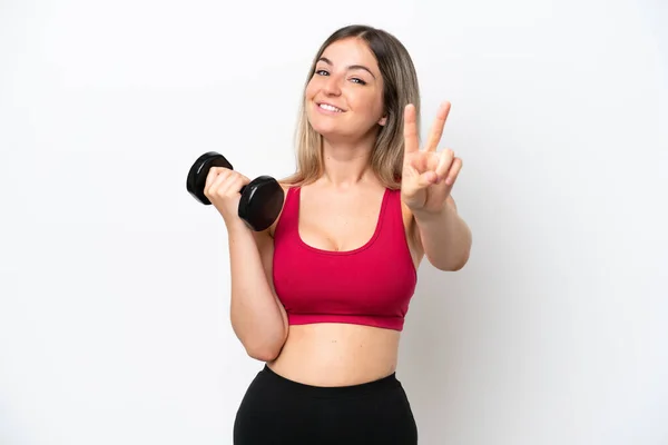 Young Sport Rumanian Woman Making Weightlifting Isolated White Background Smiling — Stock fotografie