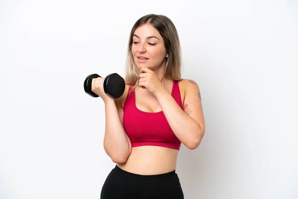 Young Sport Rumanian Woman Making Weightlifting Isolated White Background Looking — Photo