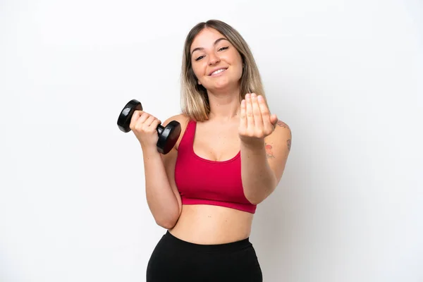 Young Sport Rumanian Woman Making Weightlifting Isolated White Background Inviting — 图库照片