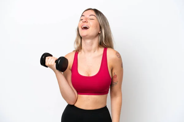 Young Sport Rumanian Woman Making Weightlifting Isolated White Background Laughing — Stock Fotó