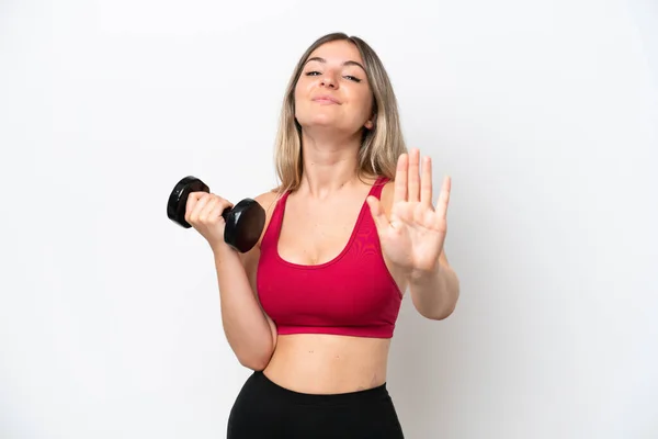 Young Sport Rumanian Woman Making Weightlifting Isolated White Background Counting — ストック写真