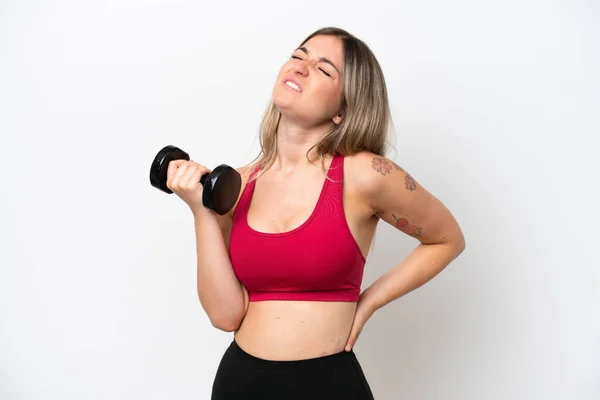 Young Sport Rumanian Woman Making Weightlifting Isolated White Background Suffering — Stok fotoğraf