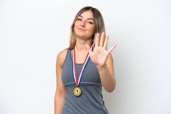 Young Rumanian Woman Medals Isolated White Background Counting Five Fingers — Stock Photo, Image