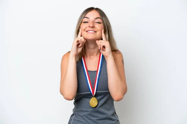 Mujer Rumana Joven Con Medallas Aisladas Sobre Fondo Blanco Sonriendo —  Fotos de Stock
