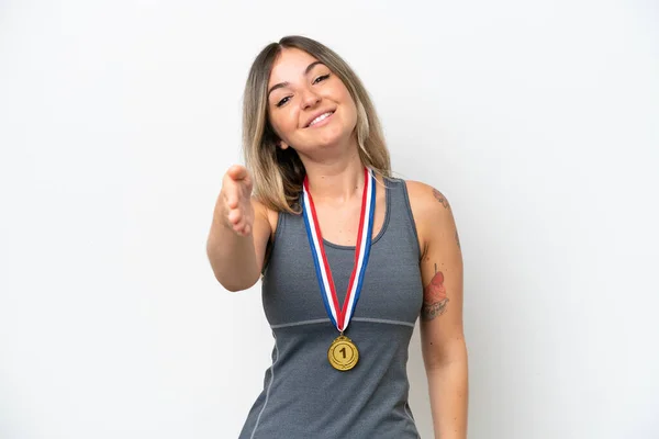 Mujer Rumana Joven Con Medallas Aisladas Sobre Fondo Blanco Estrechando —  Fotos de Stock