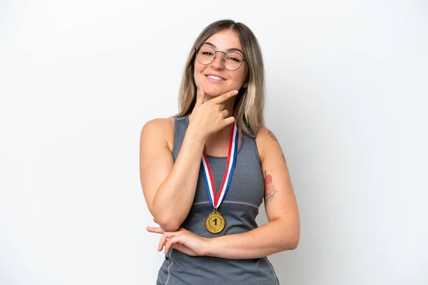 Mujer Rumana Joven Con Medallas Aisladas Sobre Fondo Blanco Con —  Fotos de Stock
