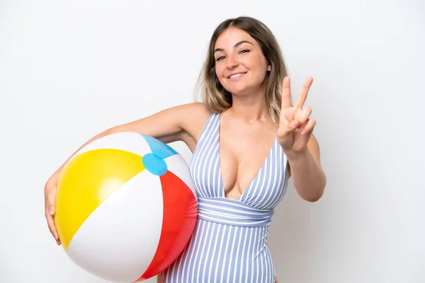 Young Rumanian Woman Swimsuit Holding Beach Ball Isolated White Background — Stockfoto