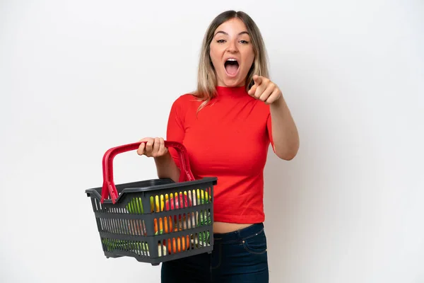 Young Rumanian Woman Holding Shopping Basket Full Food Isolated White — ストック写真