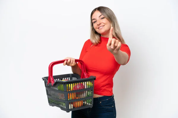 Young Rumanian Woman Holding Shopping Basket Full Food Isolated White — Foto Stock