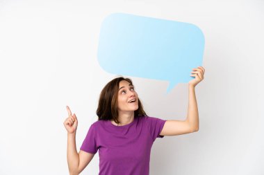 Young caucasian woman isolated on white background holding an empty speech bubble and thinking
