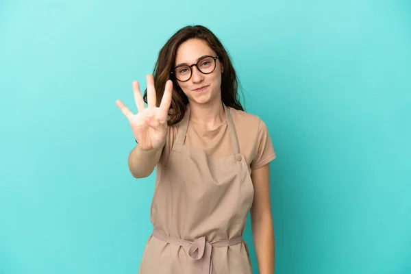 Restaurant Waiter Happy Counting Four Fingers — Φωτογραφία Αρχείου