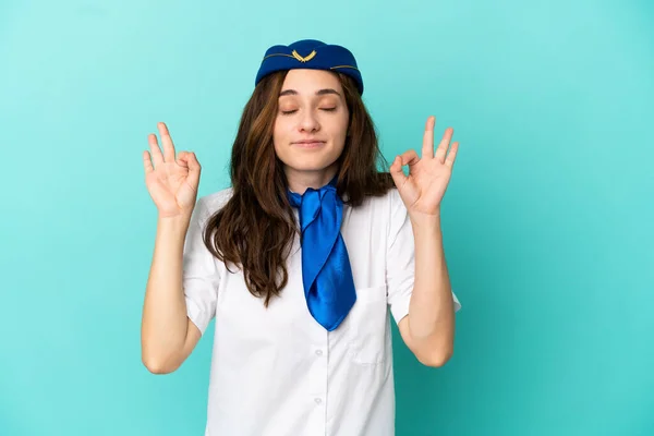 Airplane Stewardess Woman Isolated Blue Background Zen Pose — Foto de Stock