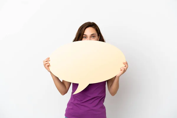 Jonge Blanke Vrouw Geïsoleerd Witte Achtergrond Met Een Lege Spraakzeepbel — Stockfoto