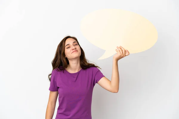 Young Caucasian Woman Isolated White Background Holding Empty Speech Bubble — Stock Photo, Image