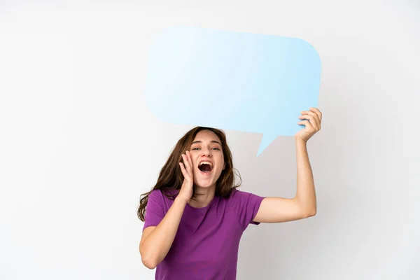 Young Caucasian Woman Isolated White Background Holding Empty Speech Bubble — Stock Photo, Image