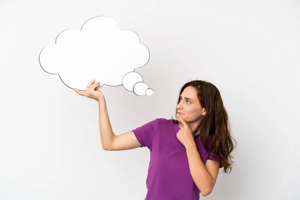 Young Caucasian Woman Isolated White Background Holding Thinking Speech Bubble — Stock Photo, Image