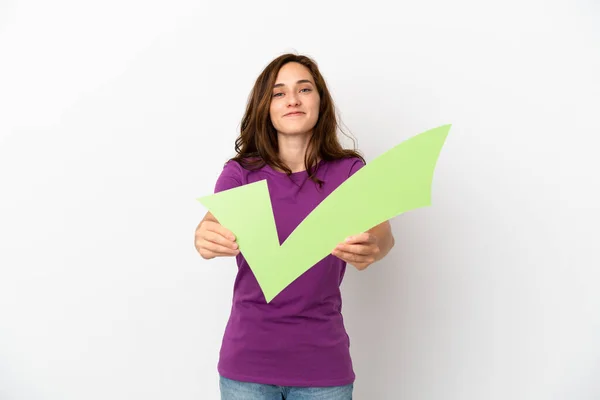 Young Caucasian Woman Isolated White Background Holding Check Icon Happy — Stock Photo, Image