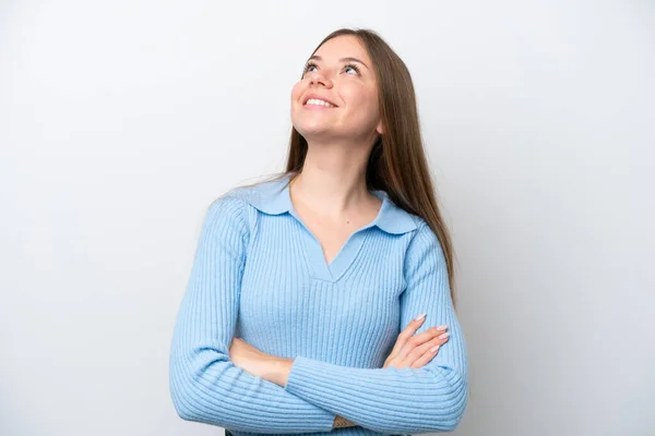 Jong Litouws Vrouw Geïsoleerd Witte Achtergrond Zoek Omhoog Terwijl Glimlachen — Stockfoto