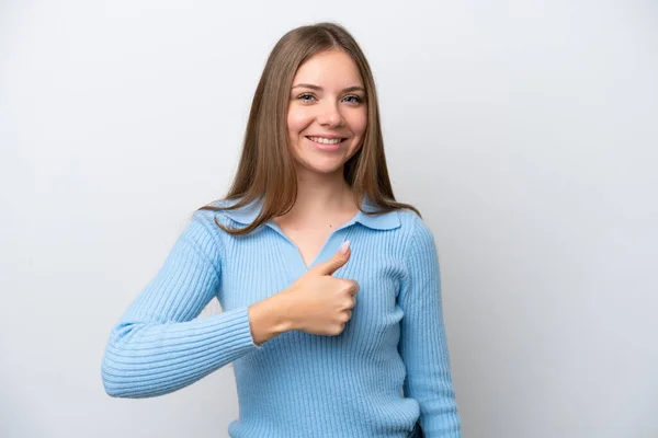 Jonge Litouwse Vrouw Geïsoleerd Witte Achtergrond Geven Van Een Duim — Stockfoto