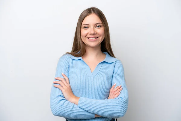 Young Lithuanian Woman Isolated White Background Keeping Arms Crossed Frontal — Stockfoto