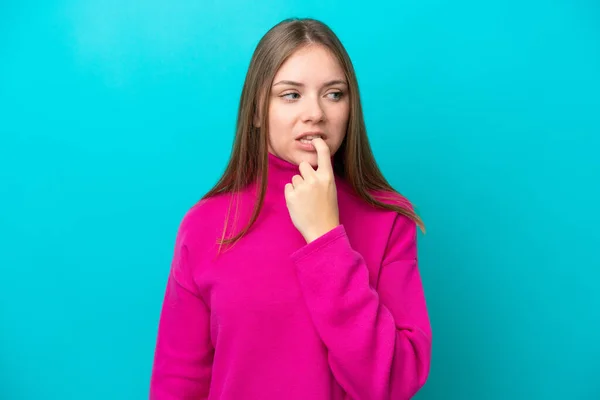 Young Lithuanian Woman Isolated Blue Background Nervous Scared — Stock Photo, Image