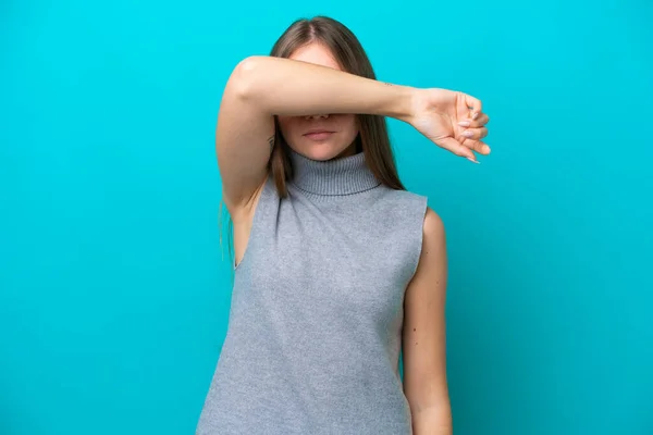 Young Lithuanian Woman Isolated Blue Background Covering Eyes Hands — Stock Photo, Image