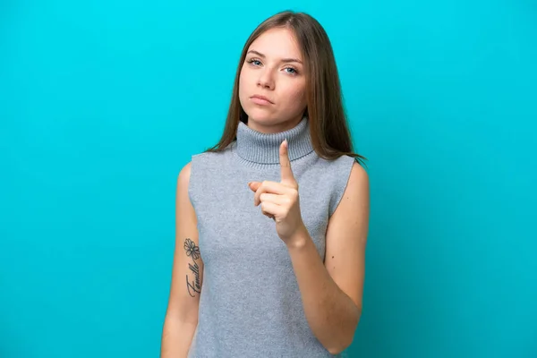 Young Lithuanian Woman Isolated Blue Background Frustrated Pointing Front — Stock Photo, Image