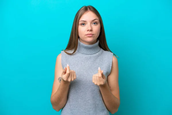 Young Lithuanian Woman Isolated Blue Background Making Money Gesture Ruined — Stock Photo, Image
