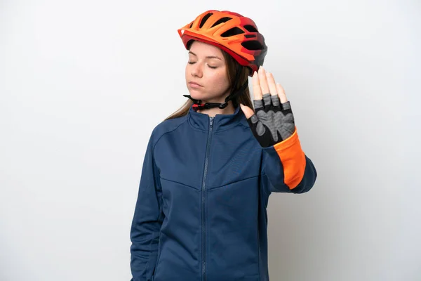Young Cyclist Lithuanian Woman Isolated White Background Making Stop Gesture — ストック写真