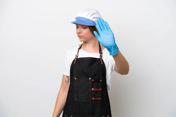 Fishmonger Woman Wearing Apron Making Stop Gesture Disappointed — Foto Stock