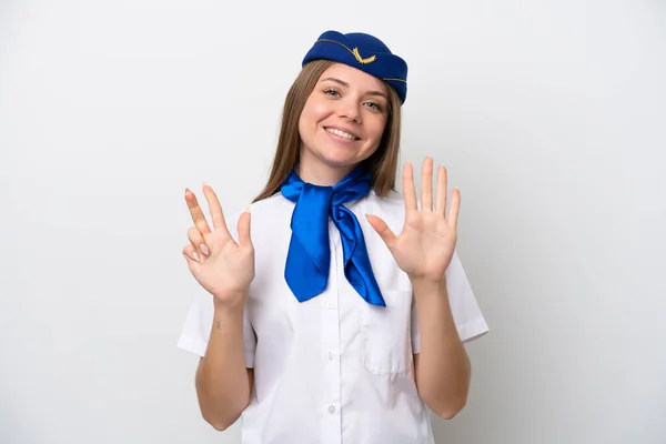 Airplane Lithuanian Woman Stewardess Isolated White Background Counting Eight Fingers — Stockfoto