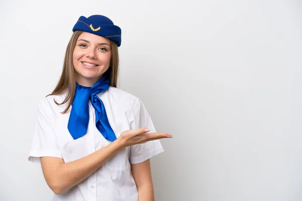 Airplane Lithuanian Woman Stewardess Isolated White Background Presenting Idea While — Zdjęcie stockowe