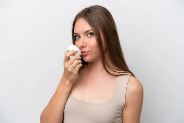 Young Lithuanian Woman Isolated White Background Moisturizer Smelling — Stockfoto