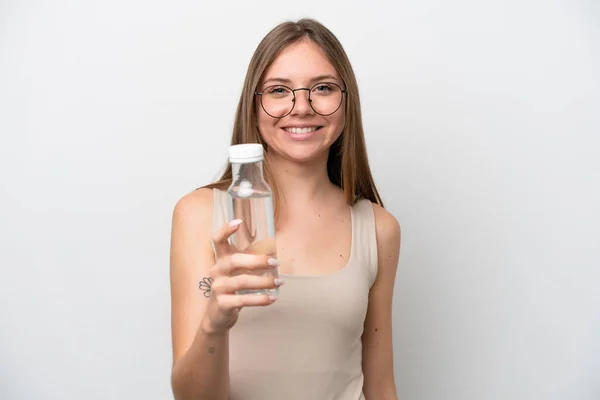 Jovem Lituana Com Uma Garrafa Água Isolada Fundo Branco Com — Fotografia de Stock