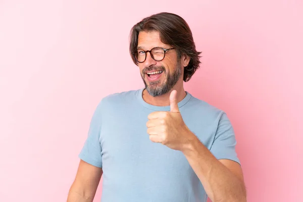 Senior Dutch Man Isolated Pink Background Glasses Thumb — Fotografia de Stock