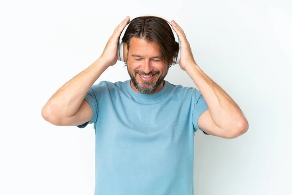 Senior Dutch Man Isolated White Background Listening Music — Stock Photo, Image