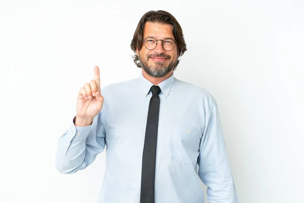 Senior Dutch Business Man Isolated White Background Showing Lifting Finger — Stockfoto