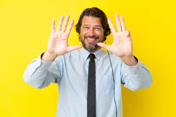 Telemarketer Dutch Man Working Headset Isolated Yellow Background Counting Nine — ストック写真