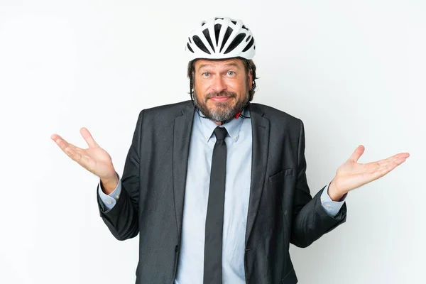 Business Senior Man Bike Helmet Isolated White Background Having Doubts — Stockfoto