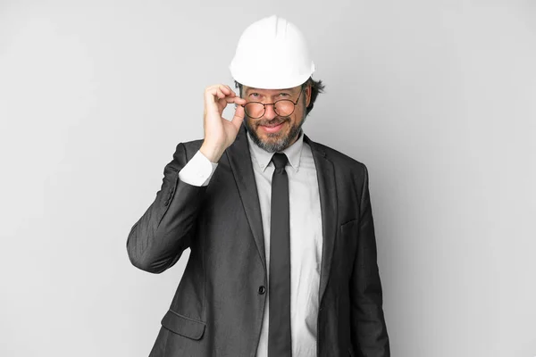 Young Architect Man Helmet Isolated Background Glasses Happy — Photo