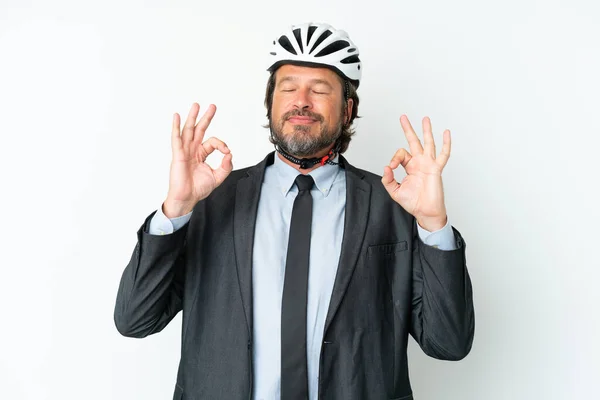 Business Senior Man Bike Helmet Isolated White Background Zen Pose — ストック写真