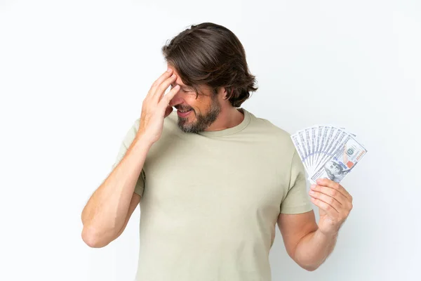 Hombre Holandés Mayor Tomando Montón Dinero Aislado Sobre Fondo Blanco — Foto de Stock