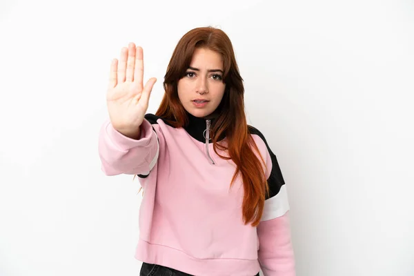 Young Redhead Woman Isolated White Background Making Stop Gesture — 스톡 사진